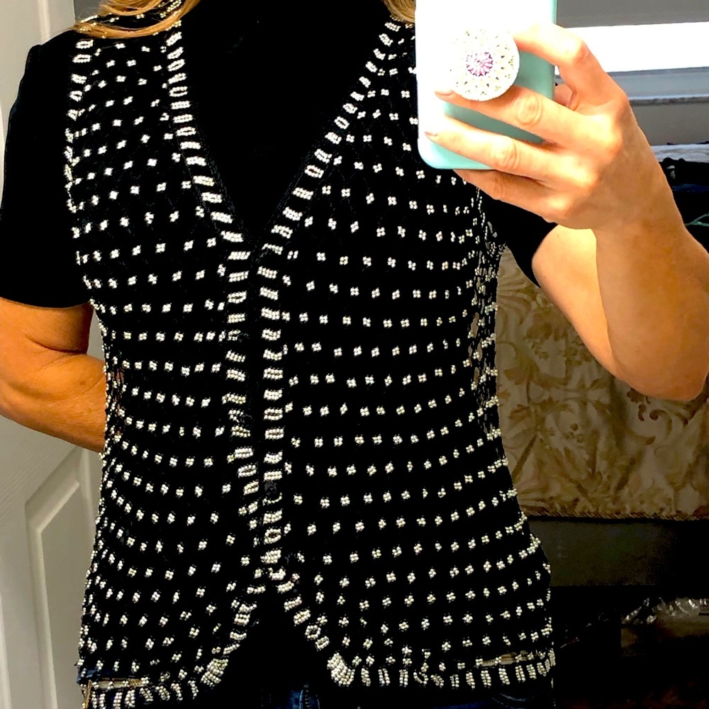 Vintage black crochet pearl beaded vest